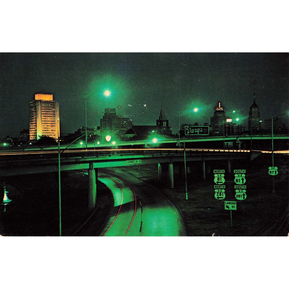 San Antonio TX Plastichrome Chrome Postcard 1966 Night Skyline Highway Barq's
